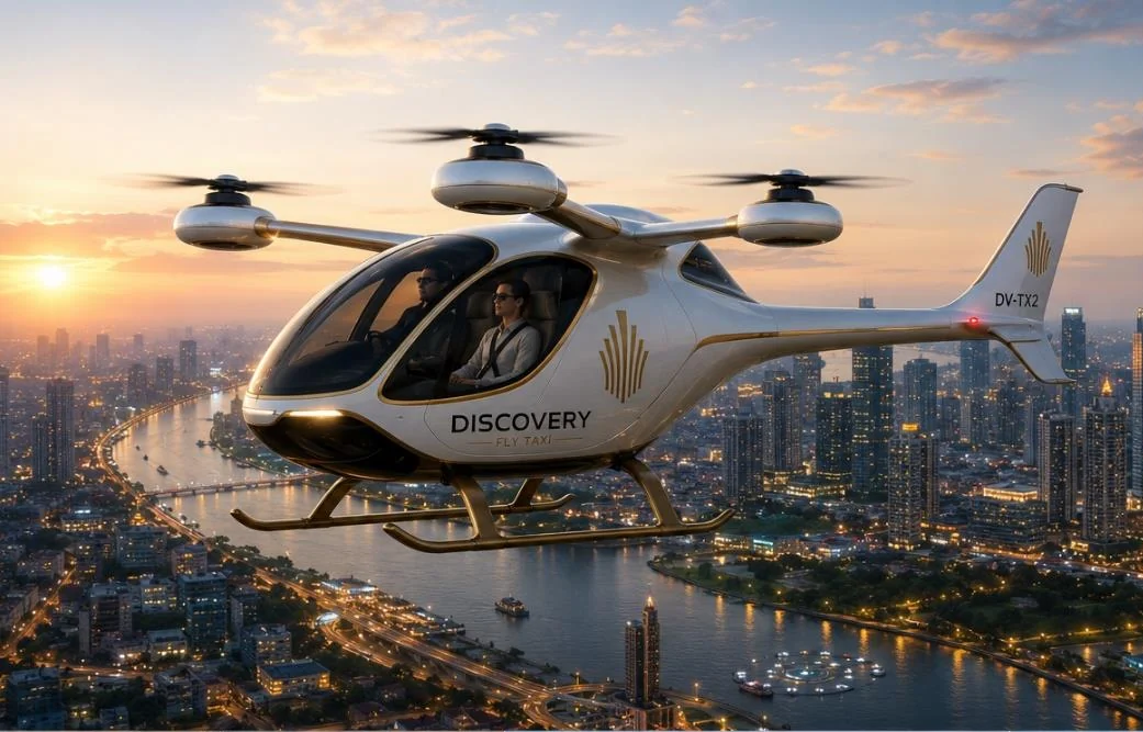 Taxi bay eVTOL bay trải nghiệm trên đô thị lúc hoàng hôn